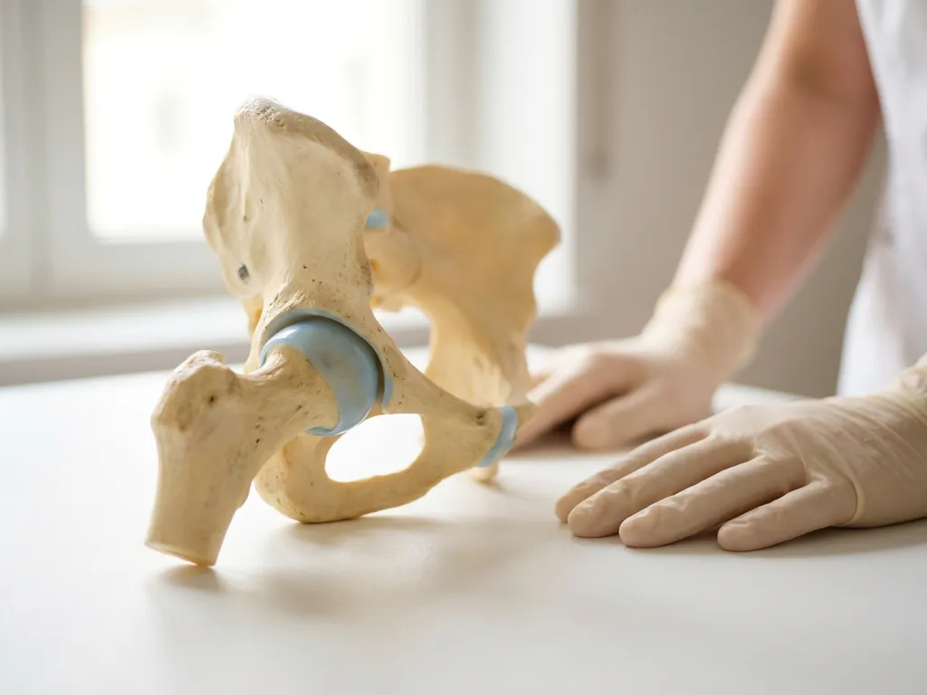 Anatomisch model van een heupgewricht op wit oppervlak, met zichtbaar kraakbeen en botstructuur, handen van fysiotherapeut op de achtergrond.
