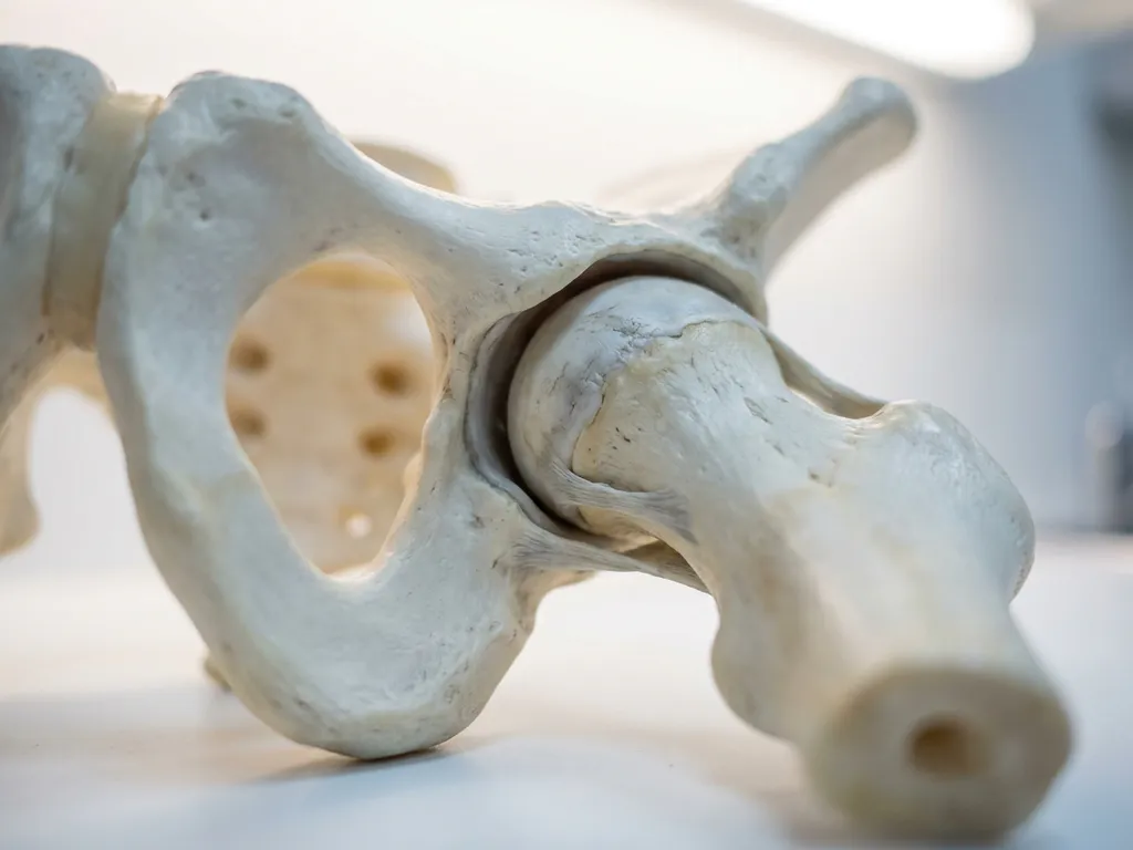 Anatomisch model van een heupgewricht in doorsnede met zichtbare kraakbeenslijtage op het gewrichtsoppervlak en dijbeenkop.