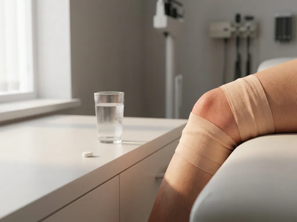 Ontstoken kniegewricht met witte pijnstillerpil en glas water op klinisch oppervlak, behandeling van kniepijn.
