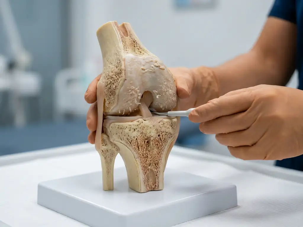 Anatomisch kniegewricht model met kraakbeenslijtage, onderzocht door fysiotherapeut op witte klinische ondergrond.