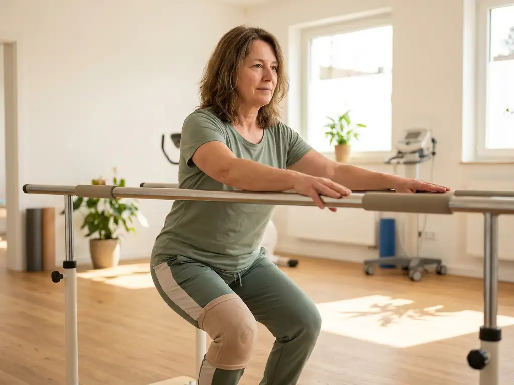 Persoon voert gecontroleerde squat uit aan parallelstaven in fysiotherapiepraktijk, met focus op het kniegewricht.